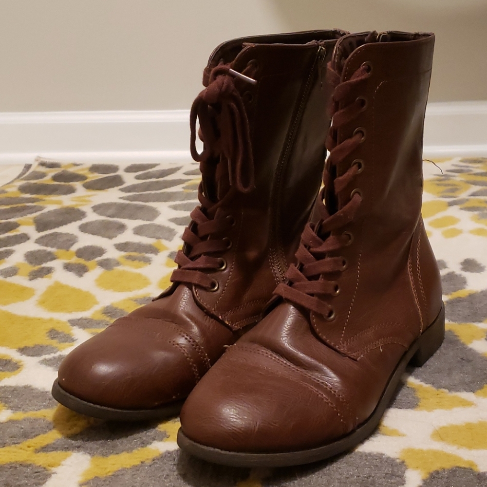Brown Faux Leather Combat Boots